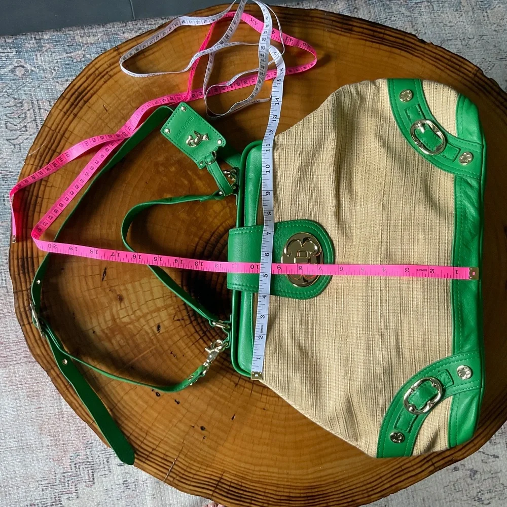 Emma Fox Newport Green Leather & Natural Woven Linen Blend Crossbody Satchel Bag